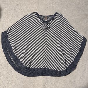 Chicos Sweater Poncho Womens small medium Blue White Knit Tassel Stripe Cape